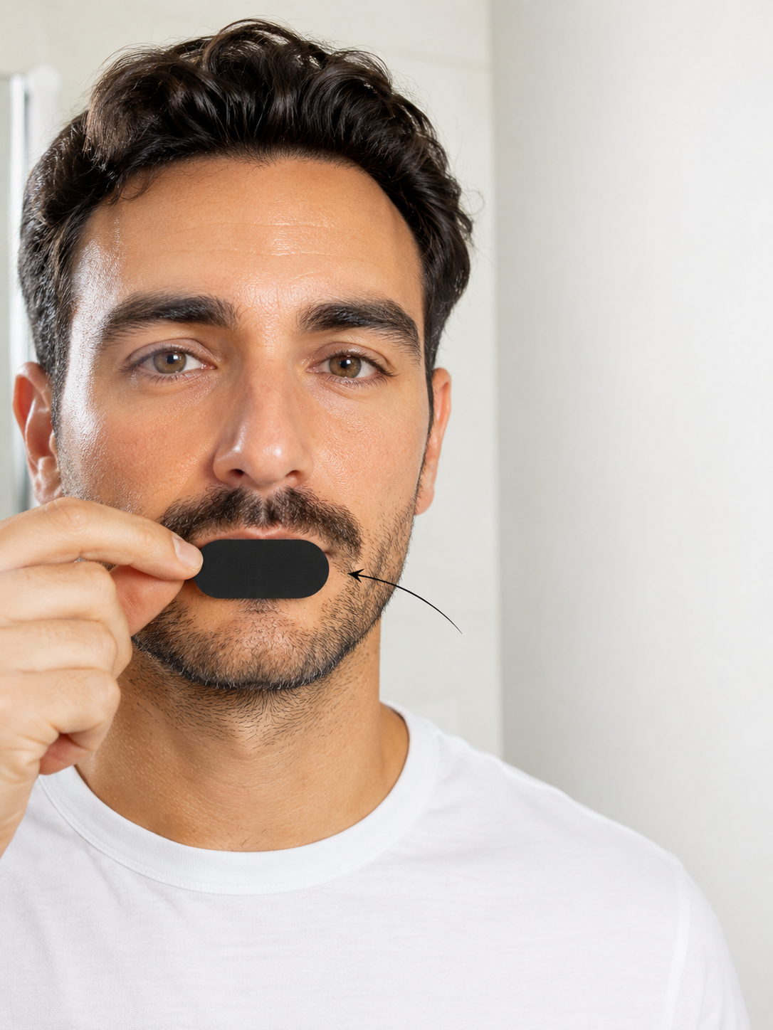 Hombre con bigote colocando la tira bucal justo debajo del bigote, a ras de la comisura de los labios
