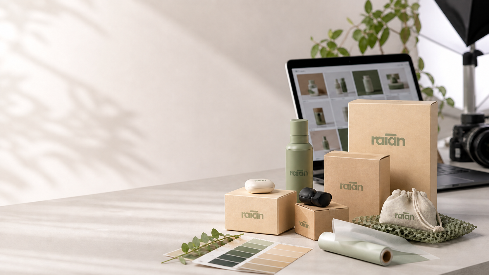 Mesa de trabajo con packaging, muestras de producto y materiales de fotografía comercial